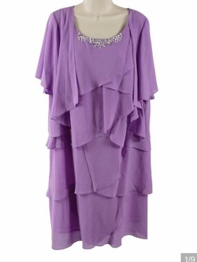 Lavender Chiffon Tiered Midi Dress with Attached Cape And Embellished Neckline